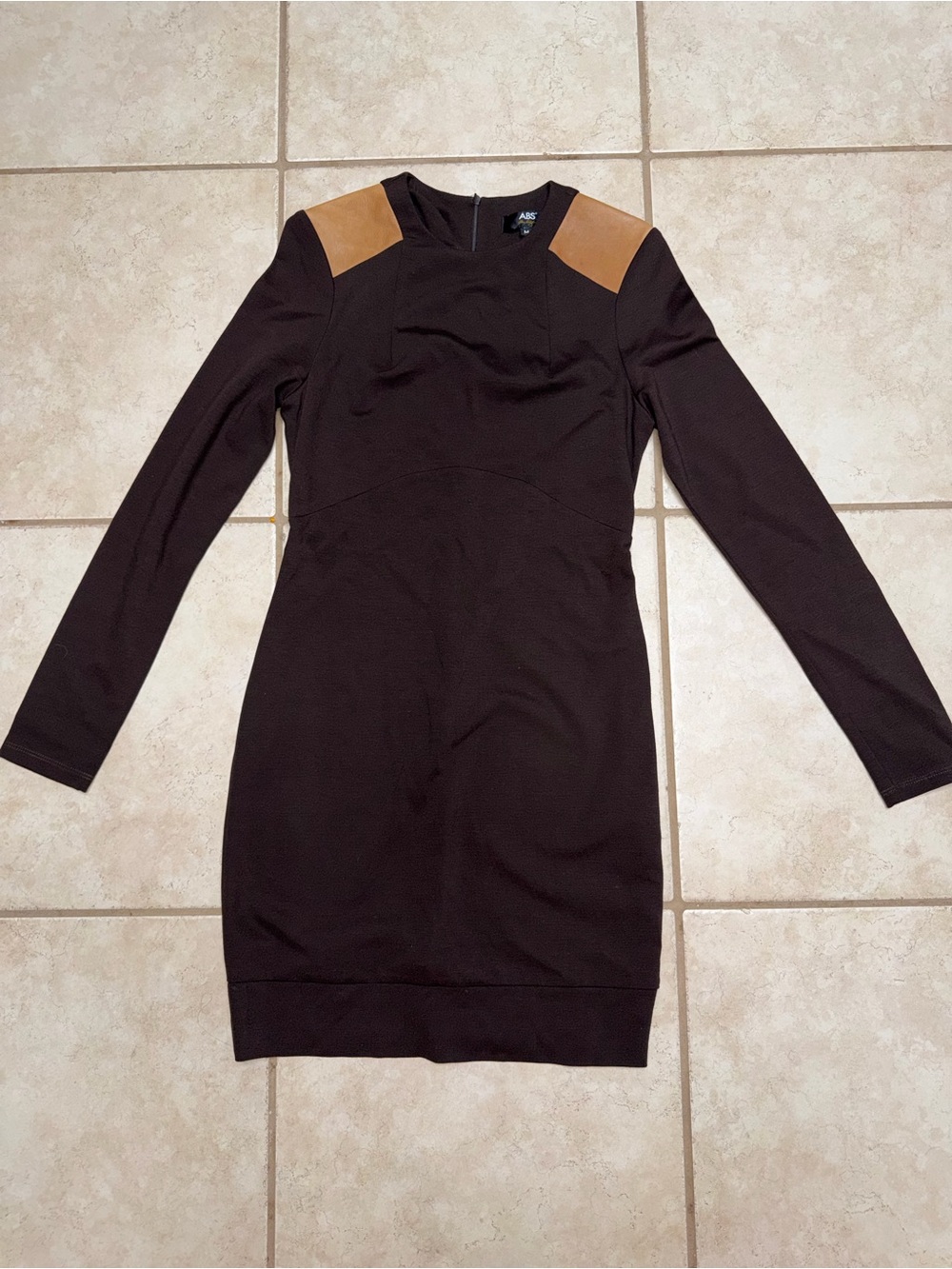 ABS Allen Schwartz Black Long-Sleeve Dress with Tan Shoulder Panels